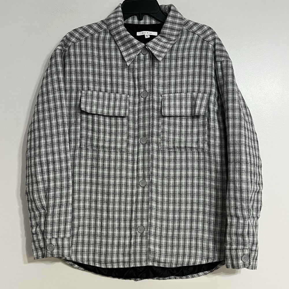 Pacsun Shacket Women's S/XS Gray & White Flannel Button Down Plaid Flap Pockets